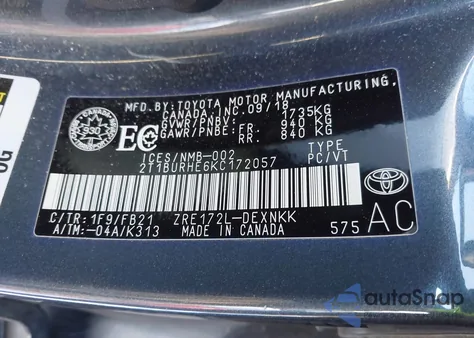 2019 Toyota Corolla Le from USA, damaged, VIN 2T1BURHE6KC172057